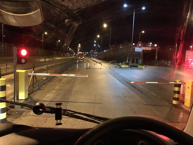 At the front of the queue waiting to board the Eurotunnel.